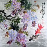 中国画花鸟名家作品原稿纯手绘水墨画四尺斗方紫藤 紫气东来