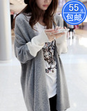 2015韩国中长款女开衫宽松大码蝙蝠袖毛衣外套女拼接撞色针织衫潮