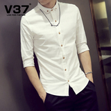 V37夏季男装男士短袖衬衫男2016新款五分袖衬衣韩版修身半袖衫潮