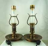 西洋古董灯具 欧洲铜器 法国玻璃罩烛台式铜台灯一对 新到