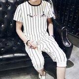 2016夏季男士t恤套装潮流韩版竖条纹短袖七分裤运动休闲薄款男装