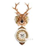欧式双面挂钟鹿头装饰静音创意时钟客厅复古挂表现代简约石英钟表
