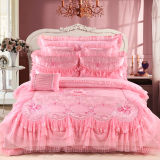 新婚庆粉色蕾丝四件套韩版公主房结婚礼品绣花床上用品床单被套