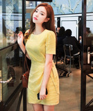 韩国cherrykoko夏季新款条纹印花系带连衣裙韩版女收腰短袖连衣裙