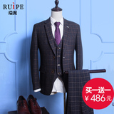 Ruipe新郎结婚礼服男士韩版修身英伦休闲大码西服 套装西装男格子