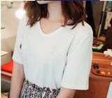 韩国直邮Cherrykoko官网正品代购V领纯色短袖韩版T恤
