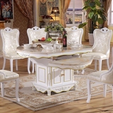 欧式餐桌椅组合6人 小户型伸缩餐桌圆形大理石带转盘实木雕花饭桌