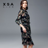 XSA印花真丝连衣裙2016春装新款荷叶边裙两件套黑色中长款女装