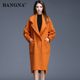 邦娜原创2016春装新款女装冬装中长款橙色毛呢外套女呢子大衣高端