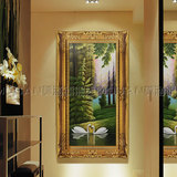 纯手绘玄关装饰画竖版有框油画简欧山水画天鹅湖风景挂画墙壁客厅