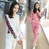 2016春秋新款韩版卫衣女两件套装亮片圆领套头大码修身时尚运动服