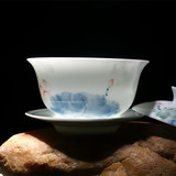 景德镇青花瓷手绘盖碗茶杯粉彩荷花三才杯大号茶碗釉下彩功夫茶具