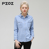Pzoz欧美女士休闲长袖牛仔衬衫时尚简约衬衣防晒上衣外套H6072
