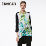 Kaiser凯撒女装 2016夏新品印花拼接针织七分袖中长款针织衫宽松