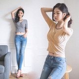 韩国2016皱褶性感V领短袖上衣修身显瘦短款T恤夏纯色夜店低胸女装