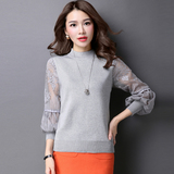 2016春装新款韩版针织衫套头短款蕾丝灯笼袖毛衣女修身打底衫