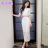 韩语琳空间2016夏季女装修身时尚两件套装镂空蕾丝连衣裙包臀长裙