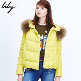 Lily2015冬新款女装纯色宽松保暖毛领口袋拉链羽绒服115410D3801