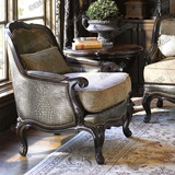 欧式新古典实木雕花椅美式仿鳄鱼皮艺单人沙发椅客厅休闲椅特价