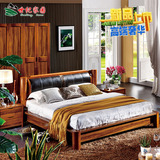 实木床1.8米 双人床中式橡木床 现代婚床软靠柚木色高箱储物床
