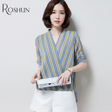 2016夏季新款韩版宽松中长款V领竖条纹短袖衬衫女雪纺五分袖衬衣