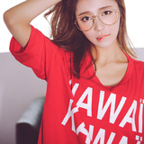 韩范字母印花五分袖T恤女夏宽松 学院风蝙蝠袖短款红色上衣打底衫