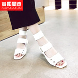 修面皮露趾正品方跟时尚2016新款韩版夏季白色罗马鞋凉鞋女鞋