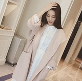 2016春秋季新款韩版粉色连帽中长款毛呢外套女气质显瘦呢大衣潮