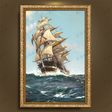 欧式风景一帆风顺帆船海景纯手绘油画客厅玄关餐厅装饰画有框挂画