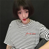 韩国东大门夏季新款刺绣字母黑白条纹宽松款圆领短袖T恤女上衣潮