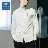 GBOY原创日系小清新动物刺绣潮流男士白色长袖衬衫 韩版修身衬衣