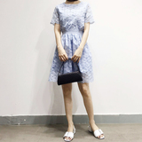 韩国东大门 LOST 夏季新款女装套装勾花短袖上衣+a字半身裙两件套