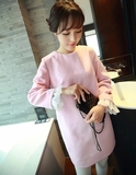 韩版孕妇装秋冬纯色袖口百褶拼接毛呢孕妇连衣裙粉色荷花袖卫衣