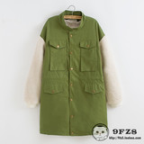 冬装新款韩国风软妹绿色羊羔毛袖工装口袋加厚棉衣外套学生大码女
