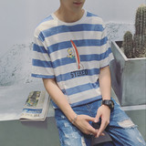 16夏季新款港风男士短袖T恤韩版修身圆领条纹卡通潮男文艺衫男潮