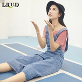 LRUD2016夏季新款韩版学院风口袋牛仔背带裤女高腰宽松九分阔腿裤