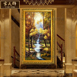 欧式现代玄关装饰画竖版山水风景油画纯手绘走廊过道壁画高端挂画