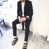 2016新品韩国小西装修身外套袖子贴布高级单西条纹袖子休闲西服男