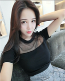2016夏韩版性感镂空圆领百搭修身短款针织短袖T恤 女薄款打底上衣