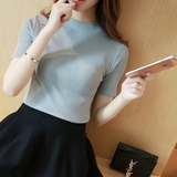 2016夏季韩版半高领短袖t恤针织衫女薄款修身显瘦套头打底衫上衣