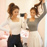 韩国正品代购春韩版潮修身显瘦T恤方领短款针织低领长袖打底衫女