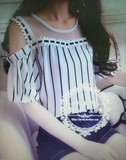 韩国2016夏新款甜美小清新露肩网纱拼接蕾丝条纹短袖衬衫上衣女装