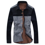 2015冬装新款加绒保暖衬衫圆点拼接加厚男式衬衣潮 男士长袖外套