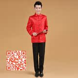 中式婚礼新郎长袖秀禾服男士唐装中山装古装红色长衫马褂结婚礼服