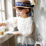 小黑豆 韩国童装春装新品儿童上衣蕾丝圆领棉质女童网纱衬衫t恤