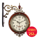 盈慧欧式挂钟 客厅创意豪华双面钟表 复古钟表圆形 实木 美式挂钟