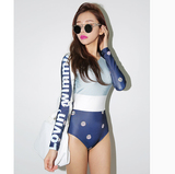 网红同款 韩国代购波点拉链长袖遮肚显瘦浮潜水母服温泉连体泳衣