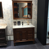 新款美式浴室柜组合橡木实木卫浴柜大理石台面台盆落地柜镜柜双盆