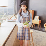 2015冬季东大门韩版甜美吊带格子印花女连衣裙通勤长袖套头裙装