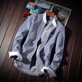冬装新款韩版男加绒加厚保暖长袖衬衫修身竖条纹衬衣男装外套学生